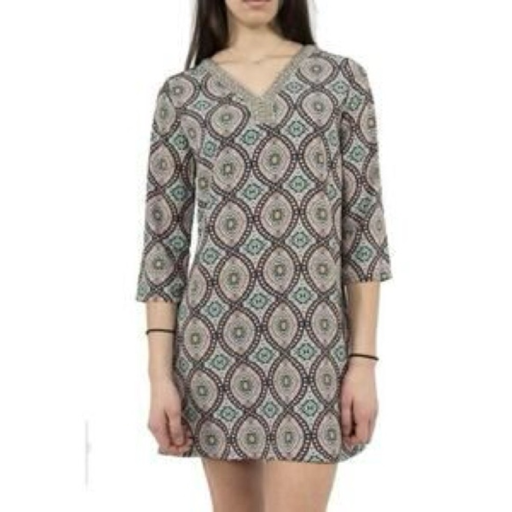 Molly Bracken medallion V-neck beaded tunic top or mini dress Medium
